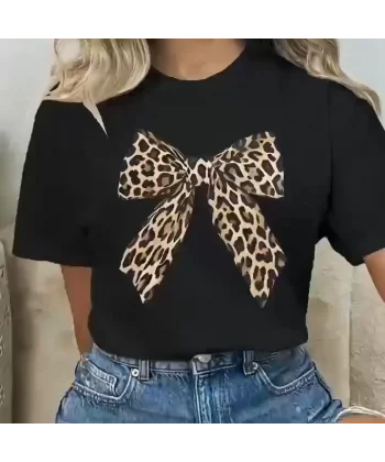 Leopar Desenli Fiyonklu Tişört - Rahat Polyester, Makinede Yıkanabilir, Bisiklet Yaka, Kadınlar için Yazlık Günlük Üst - Siyah
