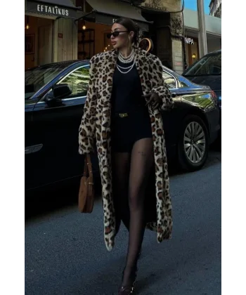 Leopar Desenli İçi Astarlı Peluş Kaban 7065