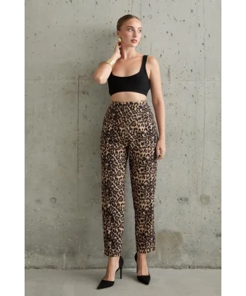 Leopar Desenli Kumaş Pantolon