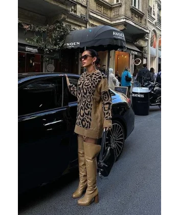 Leopar Desenli Yırtık Detaylı Kazak 1344