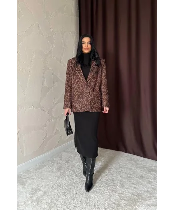 Leopar Yakası Kürk Garnili Desenli Ceket