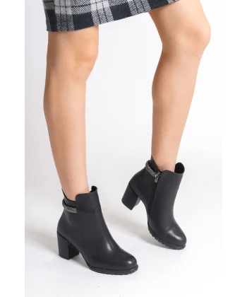 LIA Fermuarlı Ortopedik Taban Taşlı Topuklu Kadın Bot  CST - Siyah