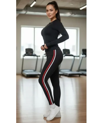 Likralı Penye Yanı Kırmızı Beyaz Şeritli Dar Kalıp Spor Tayt - Siyah - Siyah