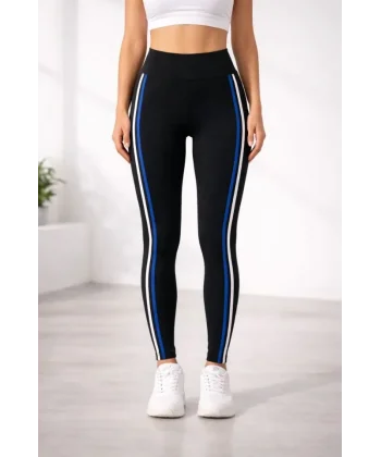 Likralı Yan Beyaz Mavi Şeritli Detaylı Tayt - Siyah