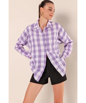 Lila Beyaz Kareli Desenli Oversize Uzun Basic Gömlek 3900