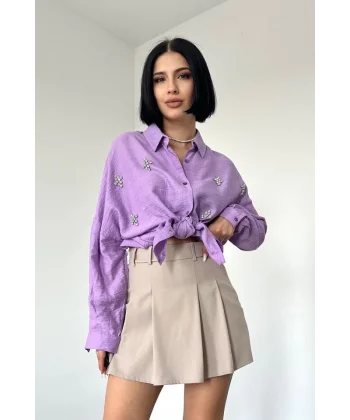 Lila Kristal Taşlı Gömlek