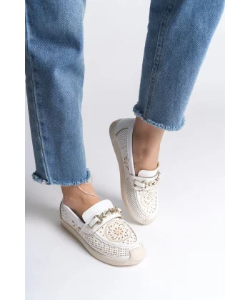 LILY Bağcıksız Ortopedik Rahat Taban Çiçek Desenli Kadın Babet Ayakkabı  CKT - Beyaz