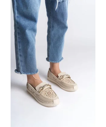 LILY Bağcıksız Ortopedik Rahat Taban Çiçek Desenli Kadın Babet Ayakkabı CKT - Krem