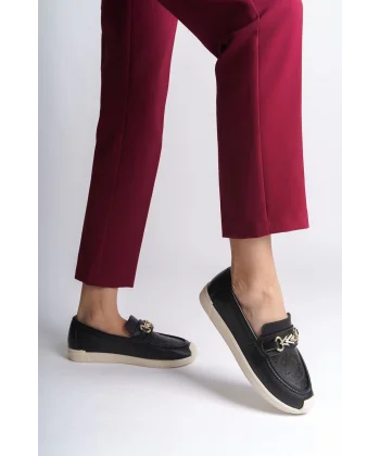 LILY Bağcıksız Ortopedik Rahat Taban Çiçek Desenli Kadın Babet Ayakkabı  CKT - Siyah