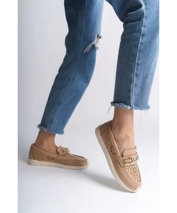 LILY Bağcıksız Ortopedik Rahat Taban Çiçek Desenli Kadın Babet Ayakkabı  CKT - Ten