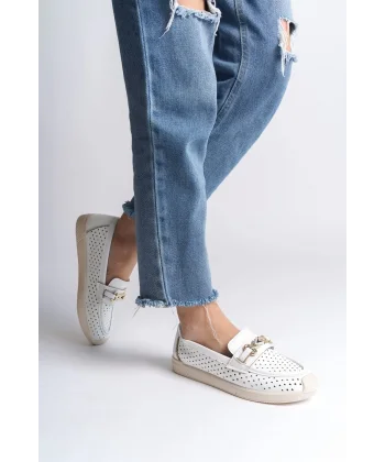 LILY Bağcıksız Ortopedik Rahat Taban Kalp Desenli Kadın Babet Ayakkabı  CKT - Beyaz