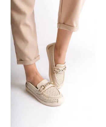 LILY Bağcıksız Ortopedik Rahat Taban Kalp Desenli Kadın Babet Ayakkabı  CKT - Krem