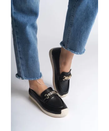 LILY Bağcıksız Ortopedik Rahat Taban Kalp Desenli Kadın Babet Ayakkabı  CKT - Siyah