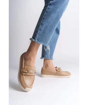 LILY Bağcıksız Ortopedik Rahat Taban Kalp Desenli Kadın Babet Ayakkabı CKT - Ten