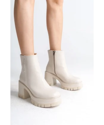 LISSE Fermuarlı Ortopedik Taban Kalın Topuklu Kadın Bot CKT - Krem