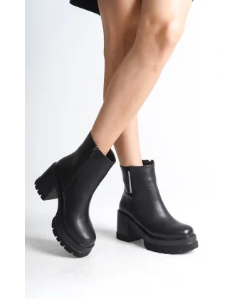 LISSE Fermuarlı Ortopedik Taban Kalın Topuklu Kadın Bot CST - Siyah