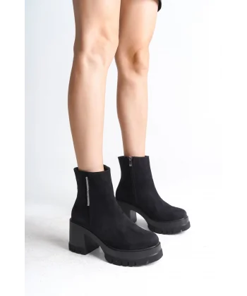 LISSE Fermuarlı Ortopedik Taban Kalın Topuklu Süet Kadın Bot SST - Siyah