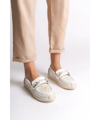 LIZY Bağcıksız Ortopedik Rahat Taban Çiçek Desenli Kadın Babet Ayakkabı  CKT - Beyaz