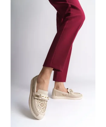 LIZY Bağcıksız Ortopedik Rahat Taban Çiçek Desenli Kadın Babet Ayakkabı  CKT - Krem