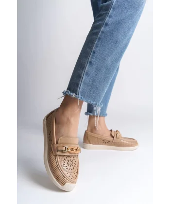 LIZY Bağcıksız Ortopedik Rahat Taban Çiçek Desenli Kadın Babet Ayakkabı CKT - Ten