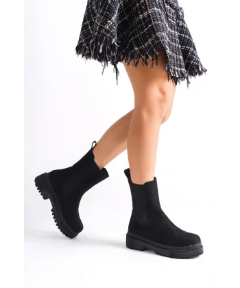 LORA Bağcıksız Lastikli Süet Ortopedik Taban Kadın Bot SST - Siyah