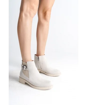 LUNA Fermuarlı Lastikli Ortopedik Taban Topuklu Süet Kadın Bot SKT - Krem