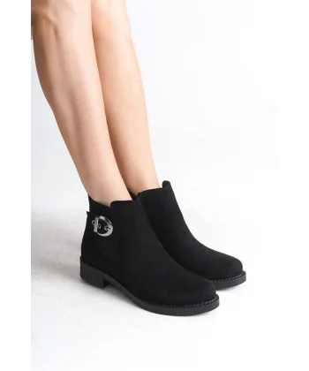 LUNA Fermuarlı Lastikli Ortopedik Taban Topuklu Süet Kadın Bot  SST - Siyah