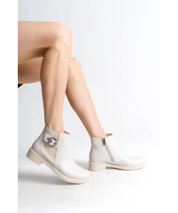 LUNA Fermuarlı Lastikli Ortopedik Taban Topuklu Kadın Bot CKT - Krem