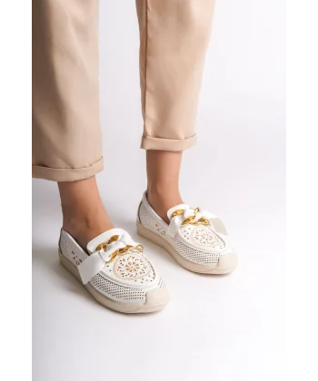 LYDIA Bağcıksız Ortopedik Rahat Taban Çiçek Desenli Kadın Babet Ayakkabı  CKT - Beyaz