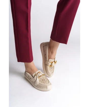 LYDIA Bağcıksız Ortopedik Rahat Taban Çiçek Desenli Kadın Babet Ayakkabı  CKT - Krem