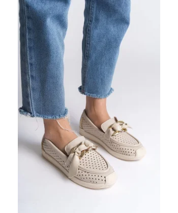 LYDIA Bağcıksız Ortopedik Rahat Taban Kalp Desenli Kadın Babet Ayakkabı  CKT - Krem