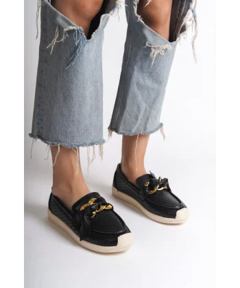 LYDIA Bağcıksız Ortopedik Rahat Taban Kalp Desenli Kadın Babet Ayakkabı  CKT - Siyah