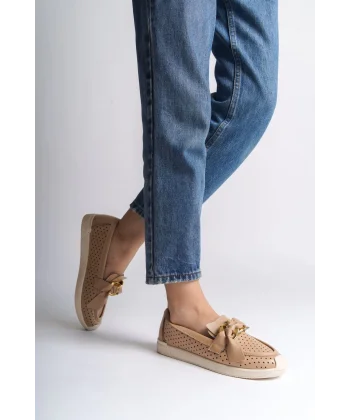 LYDIA Bağcıksız Ortopedik Rahat Taban Kalp Desenli Kadın Babet Ayakkabı CKT - Ten