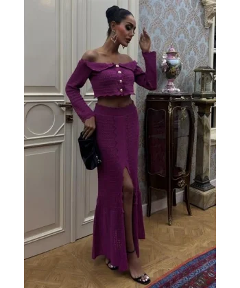 Madonna Yaka Derin Yırtmaç Etekli Şık Triko Takım 10099