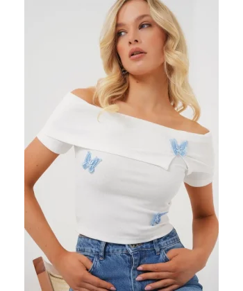 Madonna Yaka Kelebek Detaylı Bluz 957 - Beyaz