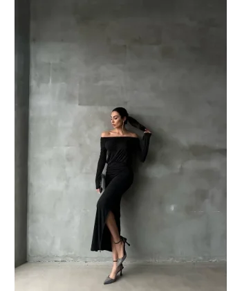 MADONNA YAKASI BÜZGÜLÜ ELBİSE - Siyah