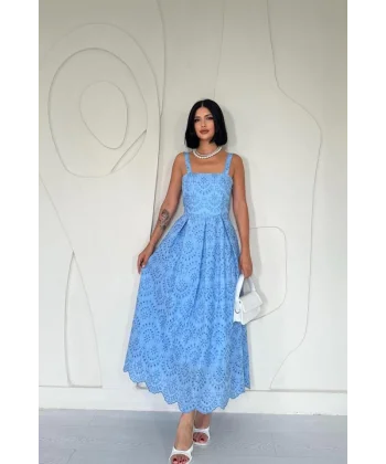 Mavi Askılı Aparatlı Brode Elbise