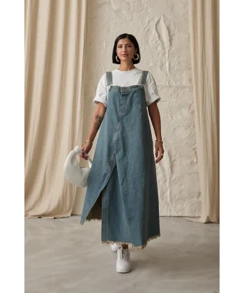 Mavi Askılı Düğmeli Kot Elbise