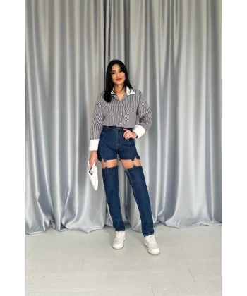 Mavi Askılı İki Parça Jeans Pantolon