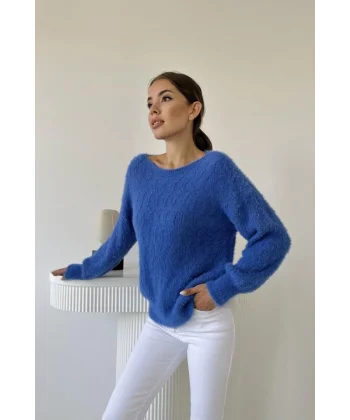 Mavi Baklava Desenli Triko Kazak