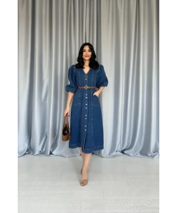 Mavi Balon Kol Kot Elbise