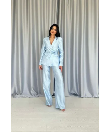 Mavi Beli Kuşaklı Ceket Ve Pantolon Parlak Takım