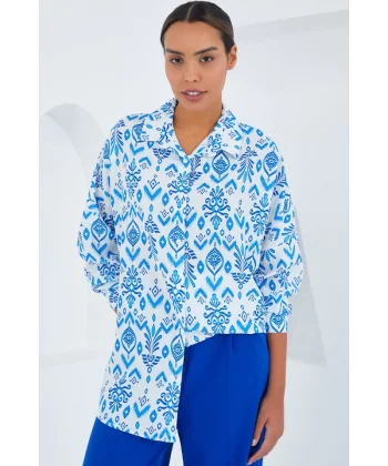 Mavi Beyaz Desenli Oversize Saten Gömlek 3985