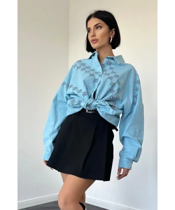 Mavi Boyamalı Keten Baskılı Taşlı Gömlek