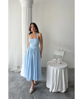 Mavi Boyundan Bağlamalı Keten Elbise