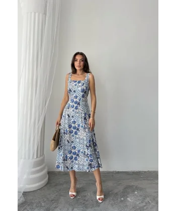 Mavi Çiçekli Viskon Elbise