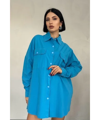 Mavi Çift Cep Kapaklı Çıtçıtlı Gömlek