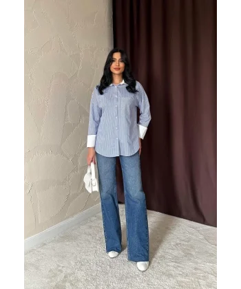Mavi Çizgili Poplin Uzun Kol Gömlek