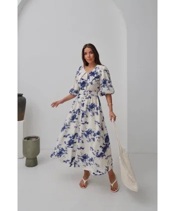 Mavi Desenli Kemerli Elbise