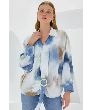 Mavi Ekru Oversize Dökümlü Saten Gömlek 907